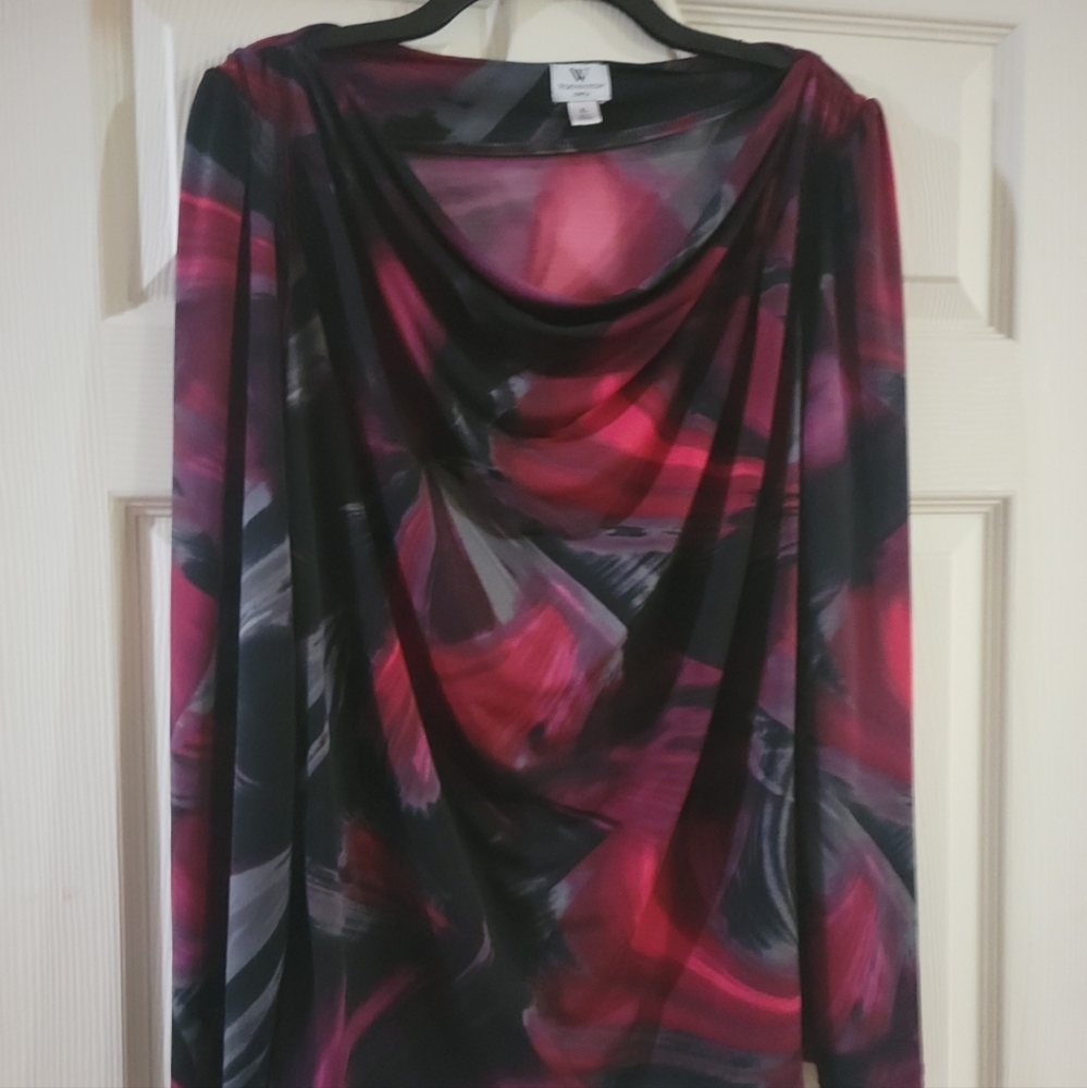 Draped neckline long sleeved  top. Burgundy red, gray and black. XL.    NWOT